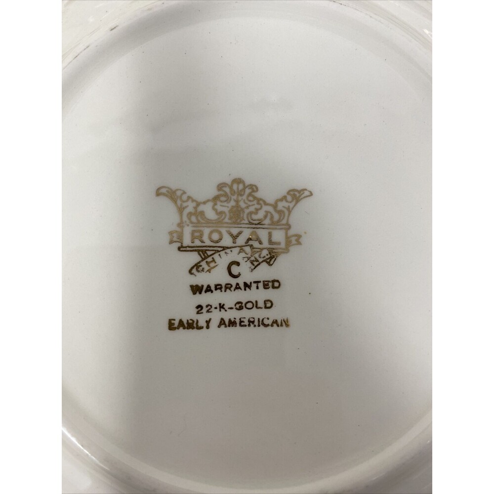 VINTAGE ROYAL CHINA 8" Bowl, 22K TRIM, EARLY AMERICAN PATTERN - Picture 2 of 3